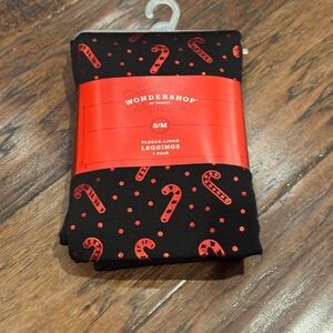 Wondershop Black Fleece Lined Leggings with Red Candy Cane Pattern